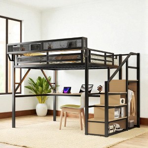 Mshliw Queen Size Metal Loft Bed with Desk, Storage Staircase, Wardrobe, Shelves and RGB LED Light for Teens Adults - 1 of 4