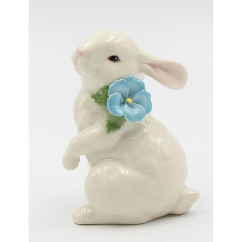 Kevins Gift Shoppe Ceramic White Rabbit with Blue Pansy Flower Figurine - image 1 of 3