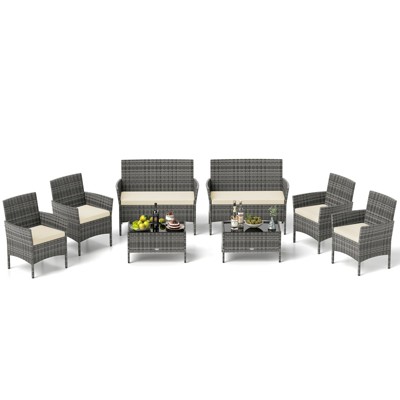 Tangkula Set Of 8 Patio Furniture Set w/Washable Cushions & Tempered Glass Coffee Table