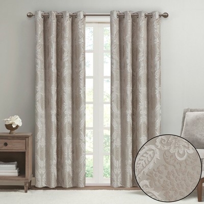 Knitted Jacquard Paisley Total Blackout Grommet Top Curtain Panel, Heavy Textured Temperature Control Curtain for All Seasons