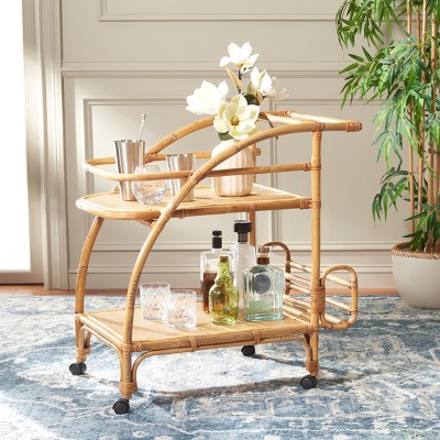 Natural Rattan 2-Tier Bar Cart with Brass Hardware