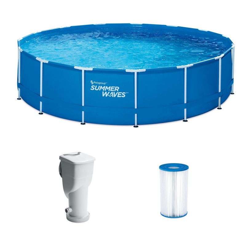 Summer Waves 15 Feet x 33 Inches Durable Round Metal Frame Above Ground Pool Set with SkimmerPlus Pump and Type D Filter Cartridge, Blue, 1 of 7