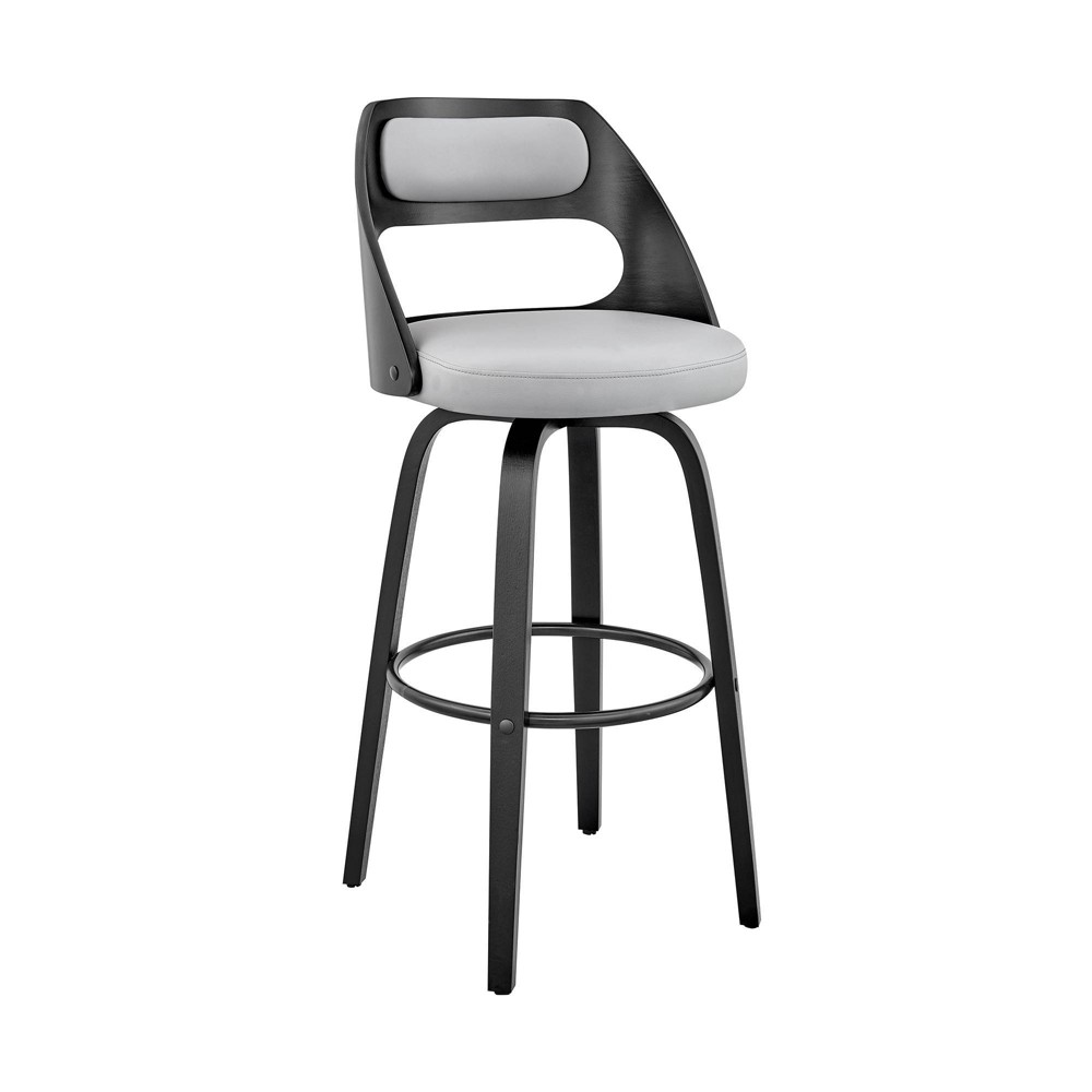 26" Julius Counter Height Barstool with Gray Faux Leather Seat Black Finish Frame - Armen Living: Swivel, Kitchen, Footrest