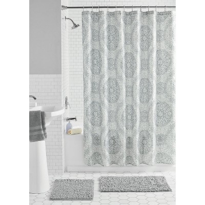 LunaLulinlk Medallion 15-Piece Medallion Polyester Shower Curtain Set, Silver