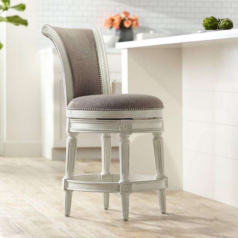 55 Downing Street Oliver Wood Swivel Bar Stool White 24 1/2" High Traditional Scroll Pewter Round Cushion with Backrest Footrest for Kitchen Counter, 2 of 10