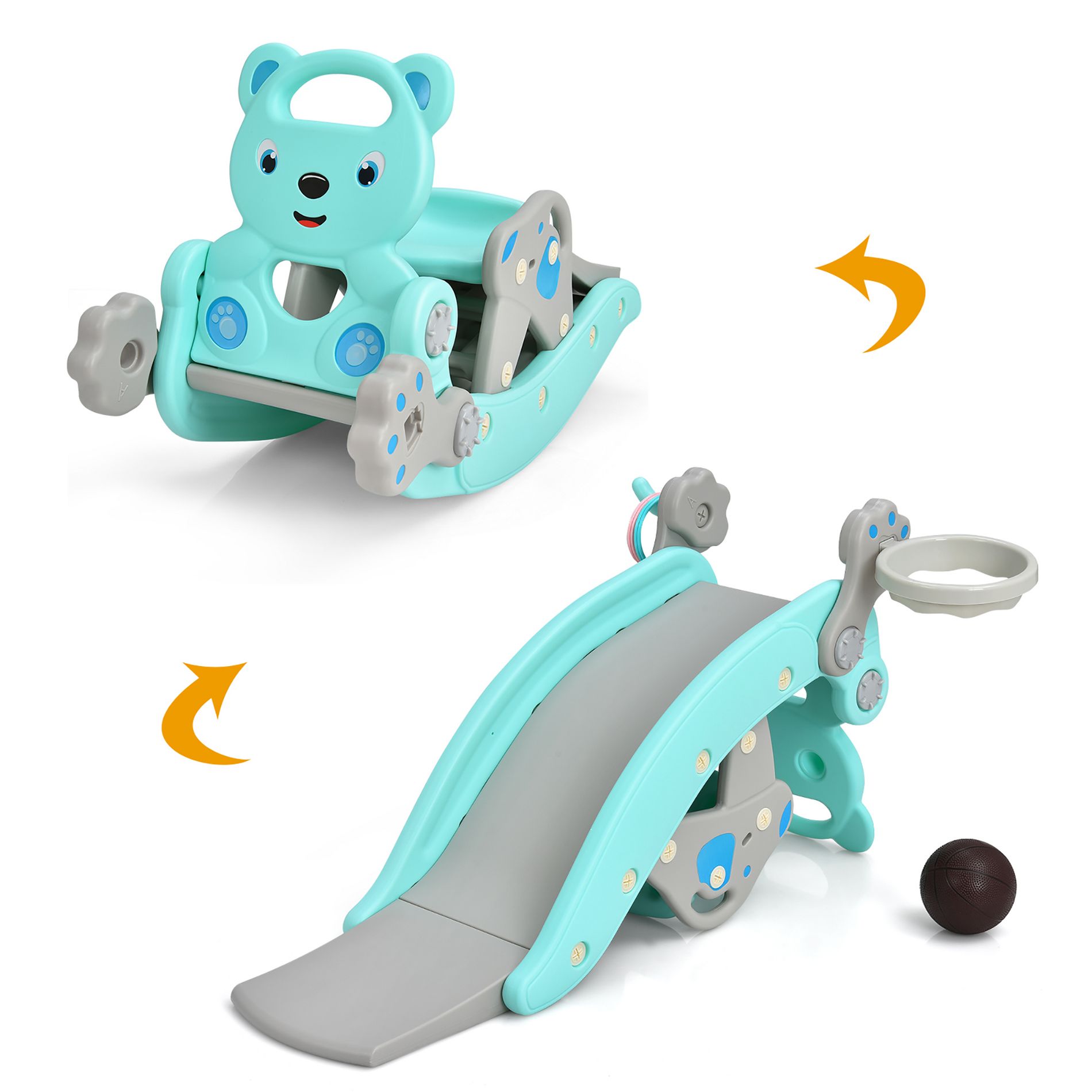 Costway 4-in-1 Rocking Horse & Slide Set Toddler Slide Playset w/Basketball Hoop Green