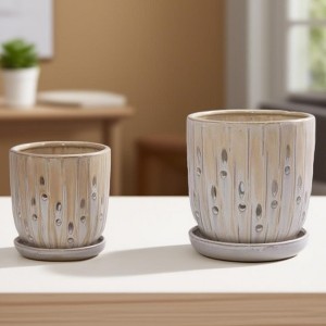 KTMBDW Ceramic Planter Set of 2 with Drainage Hole and Saucer for Plants, Hollow & Striped Design Ceramic Flowerpot for Patio, Garden - 1 of 4