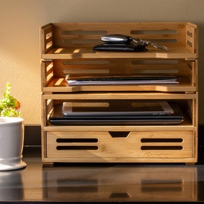 Natural Bamboo Stackable Letter Tray Organizer, 2-Pack