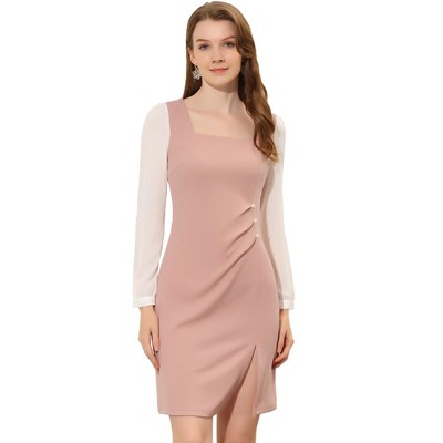 Allegra K Women's Square Neck Ruched Front Contrast Panel Chiffon Long Sleeve Dress