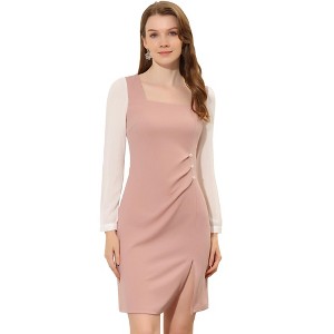 Allegra K Women's Square Neck Ruched Front Contrast Panel Chiffon Long Sleeve Dress - 1 of 4
