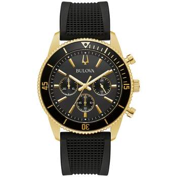 Bulova Men's Sport 6-Hand Chronograph Quartz Watch with Black Silicone Strap, Gold Tone 42mm