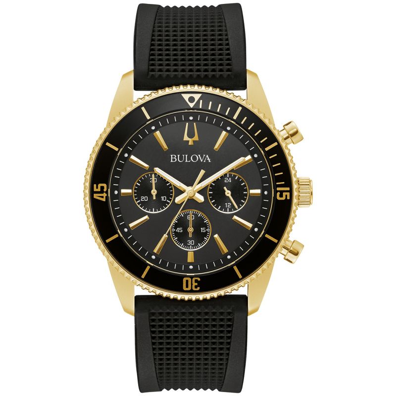 Bulova Men's Sport 6-Hand Chronograph Quartz Watch with Black Silicone Strap, Gold Tone 42mm, 1 of 5