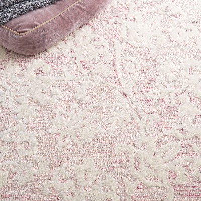 Handmade Pink and Ivory Floral Wool Tufted Square Rug