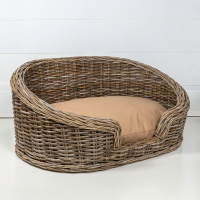 Curved Handwoven Rattan Dog Bed with Polyester Cushion