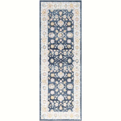 Ink Blue Traditional Washable Wool Runner Rug 2'7" x 7'3"