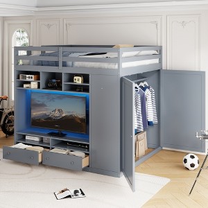 Merax Full Size Loft Bed with Built-in Storage Space Wardrobe and LED Lighting - 1 of 4