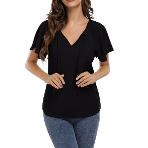 Women Blouse Short Sleeve Ruffle Sleeve Drawstring Casual Women Top - 1 of 4