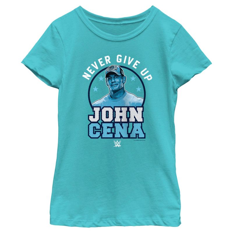 Girl's WWE John Cena Never Give Up Blue Logo T-Shirt, 1 of 5