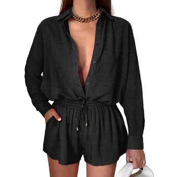 WhizMax Women's Casual 2 Piece sets Long Sleeve Button Down Shirt High Waist Drawstring Short Outfit sets