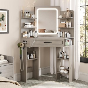 Corner Vanity Desk with LED Mirror, Lots Open Shelves & Charging Station, 3 Lighting Modes, Gray - 1 of 4