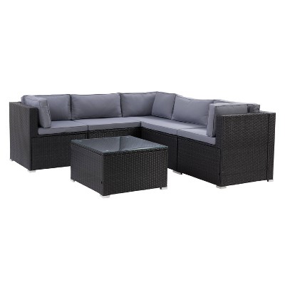 Parksville 6pc Patio Sectional Set - Black - CorLiving: UV-Resistant Wicker, Tempered Glass Table