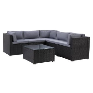 Parksville 6pc Patio Sectional Set - Black - CorLiving: UV-Resistant Wicker, Tempered Glass Table - 1 of 4