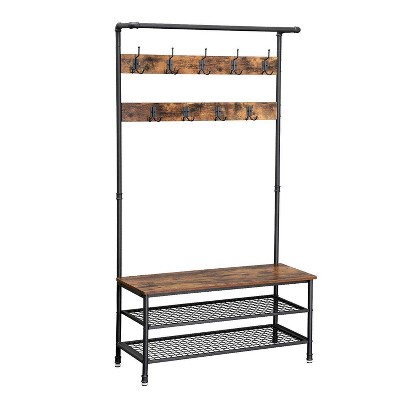 Metal Coat Rack with Wooden Bench and Two Wire Meshed Shelves Brown/Black - Benzara