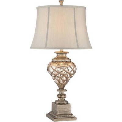 Barnes and Ivy Traditional Table Lamp with Nightlight LED Mercury Glass Off White Mist Fabric Bell Shade for Living Room Family