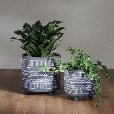 Black Tribal Ceramic Footed Planter Set, 6/8 Inch