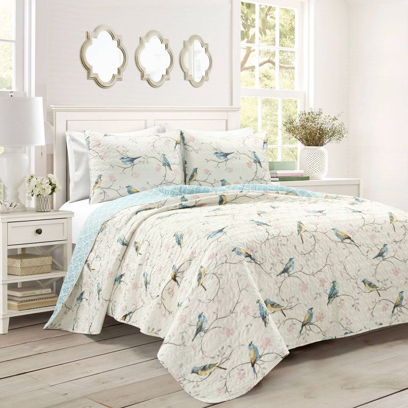 Lush Décor 3pc Botanical Bird And Flower Oversized Reversible Quilt Set White/Blue/Yellow, 1 of 9