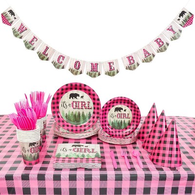 Buffalo Plaid It's a Girl Baby Shower Pack, Dinnerware Set (194 Pieces, Serves 24)