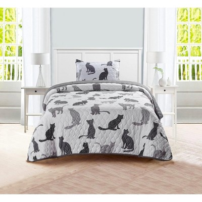 Tadpoles Grey Cats Animal Pom pom Trimmed Quilt Set, with 1 Twin Size Quilt, and 1 Standard Sham