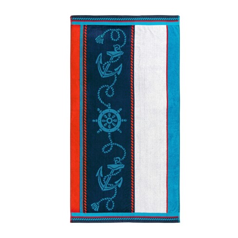 Blue Anchor 100% Cotton Beach Towel With Tassels 70 x 150 cm 