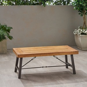 Outdoor Acacia Wood Coffee Table, Teak Finish / Rustic Metal Brown and Black, 27.25"D x 45.75"W x 18"H - 1 of 4