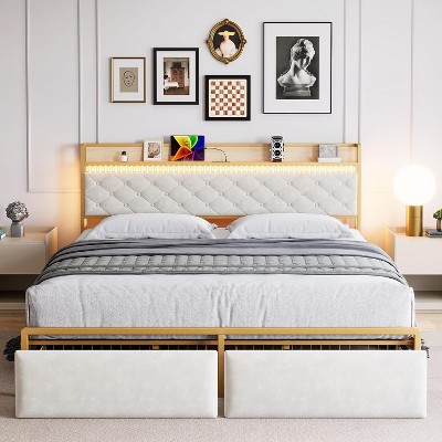 King LED Bed Frame with Headboard Upholstered Platform Bed with Charge Station and Storage Drawers Heavy Duty Metal Slats No Box Spring Needed Gray