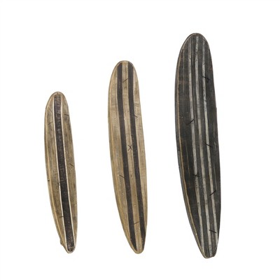 HomeRoots Set of Three Brown Black And Natural Distressed Solid Wood Surfboard Hanging Dimensional Sculptures