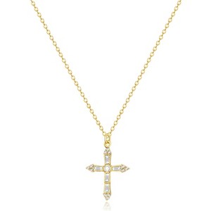 Tiny CZ Cross Pendant Necklace for Women, 18K Gold or Silver Plated Layered Chain - 1 of 4