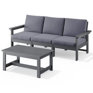 Hyleory Modern HDPE 3-Seater Sofa Set with Removable Soft Cushions and Wide Slat Coffee Table - Durable Weather-Resistant Easy-Clean Design - 1 of 4