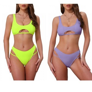 INSPIRE CHIC Women's Ribbed Scoop Neck Top Triangle Bottom Swimwear Bikini Suits 2 Sets - 1 of 4