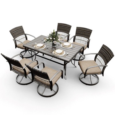 Pamapic 7-Piece Metal Patio Outdoor Dining Set with Rectangle Table and Rattan Swivel Chairs with Cushion