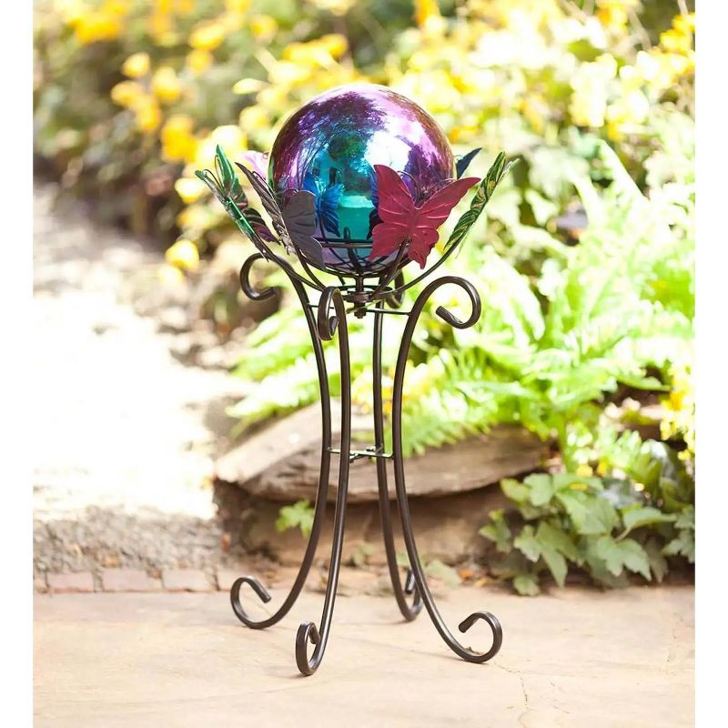 Wind & Weather Rainbow Steel Gazing Ball with Spinning Butterfly Stand Set, 2 of 3
