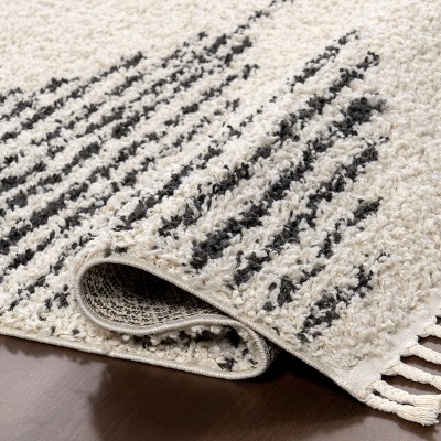 Off-White Synthetic Square Shag Rug with Braided Tassels