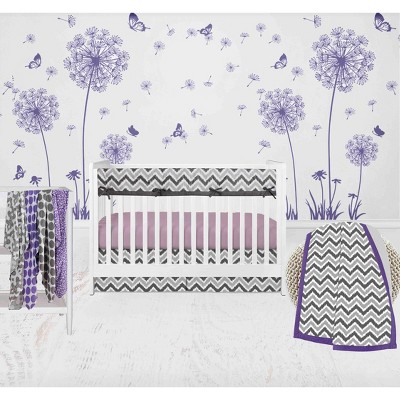 Bacati - Ikat Dots Leopard  Purple Grey Muslin Girls 8 pc Crib Set with Crib Rail Guard