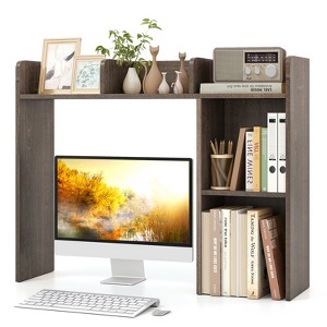 Tangkula Desktop Bookshelf 3-Tier Multipurpose Countertop Hutch Bookshelf for 27 Inch Monitor w/ 3 Upper Shelves & 2 Side Compartments White/Natural - 1 of 4
