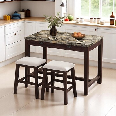 3-Piece Modern Dining Set with Faux Marble Table & 2 Stools, Space-Saving with Storage Drawers, Upholstered for Small Spaces or Dining Room