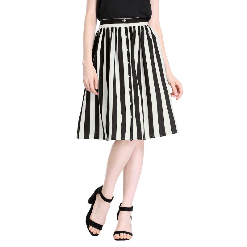 Allegra K Women's Stripes Button Front Elastic Back A-Line Midi Skirt, 4 of 8
