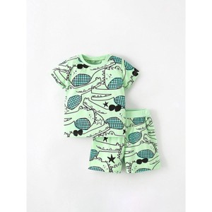 MyKids-USA Summer Baby Kids Unisex Alligator Animals Cartoon Pattern Short Sleeves T-Shirt And Shorts Casual Clothing Set - 1 of 4
