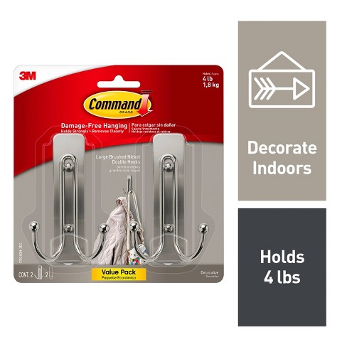 Command 2pk Large Sized Double Decorative Hooks Brushed Nickel