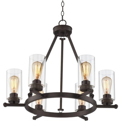 Rustic Bronze Wagon Wheel 26'' Wide Chandelier with Clear Glass Shades
