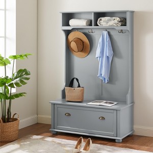 Racxily Modern Hall Tree with Shoe Rack & Coat Hooks, Entryway Bench with Open Shelves & Cabinets, White/Gray - 1 of 4